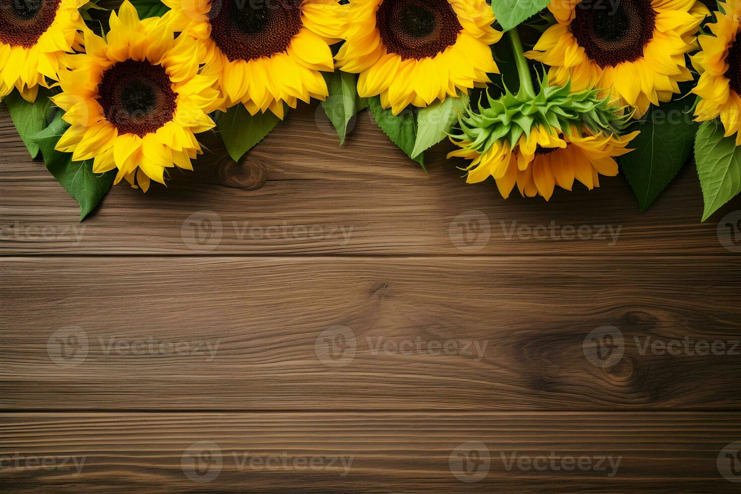 girassóis em de madeira fundo. dia dos namorados, mulheres, mães dia, aniversário ou casamento, verão flores plano deitar. topo visualizar. cópia de espaço. gerado ai. foto