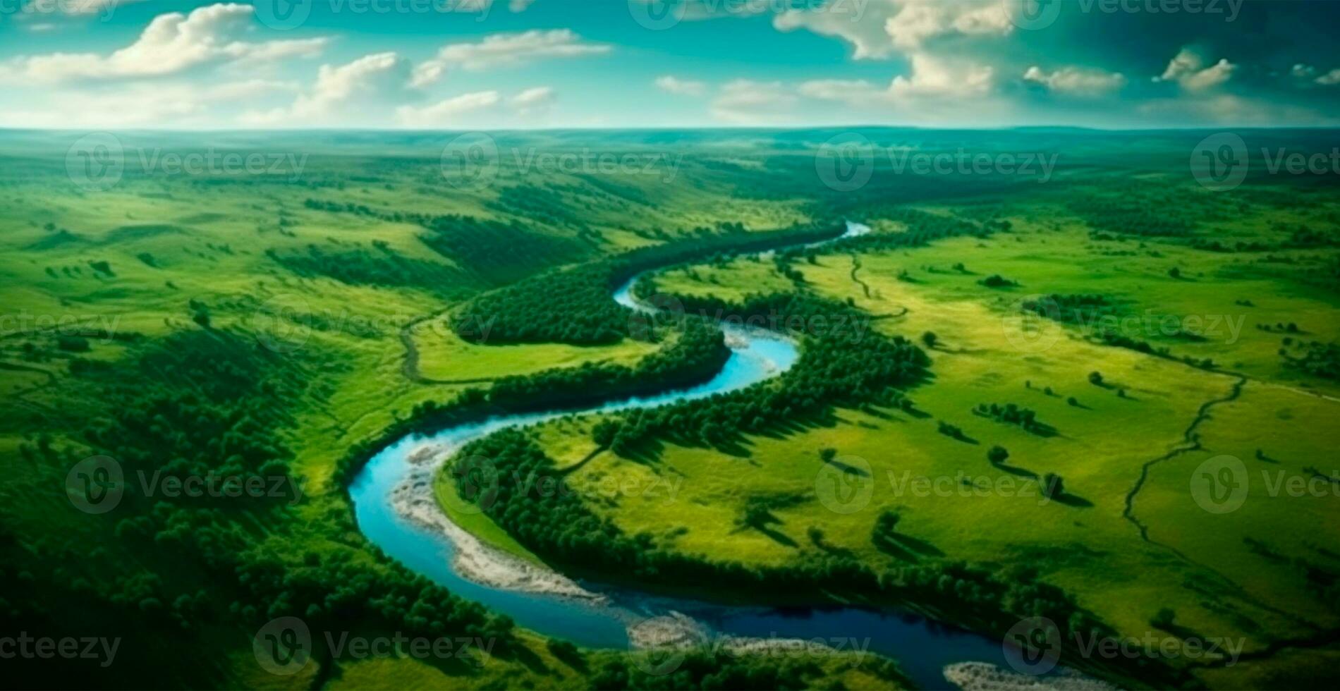 panorâmico topo Visão do uma enrolamento rio cercado de denso floresta e espaçoso Campos com verde Relva - ai gerado imagem foto