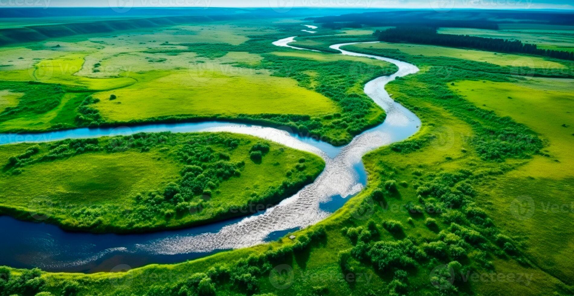 panorâmico topo Visão do uma enrolamento rio cercado de denso floresta e espaçoso Campos com verde Relva - ai gerado imagem foto