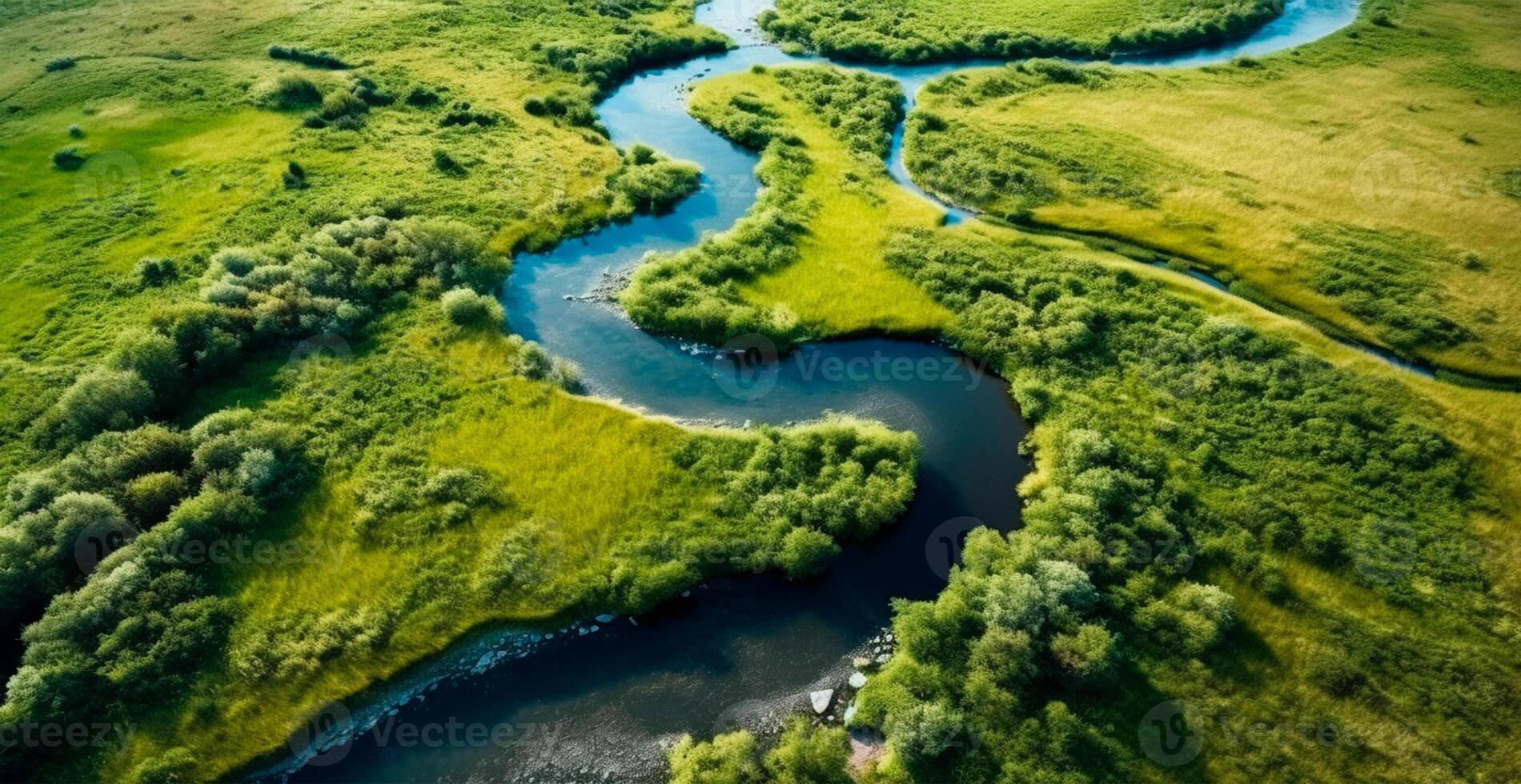 panorâmico topo Visão do uma enrolamento rio cercado de denso floresta e espaçoso Campos com verde Relva - ai gerado imagem foto