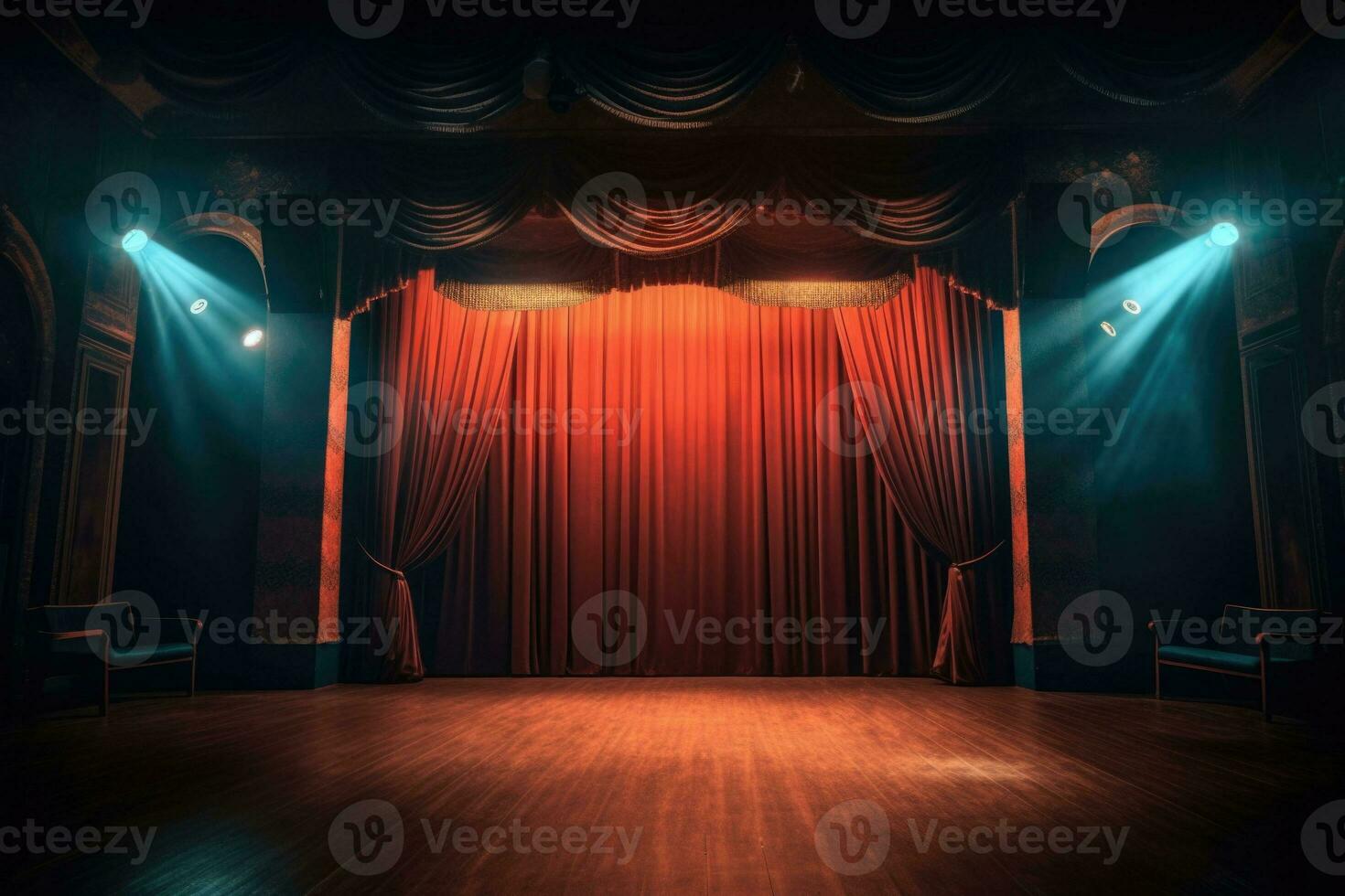 etapa com veludo cortinas, luzes escurecido, Holofote focado em a Centro. generativo ai foto