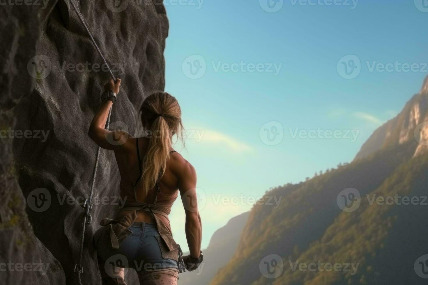 jovem fino muscular mulher Rocha alpinista escalada em difícil esporte rota, costas visualizar. generativo ai foto