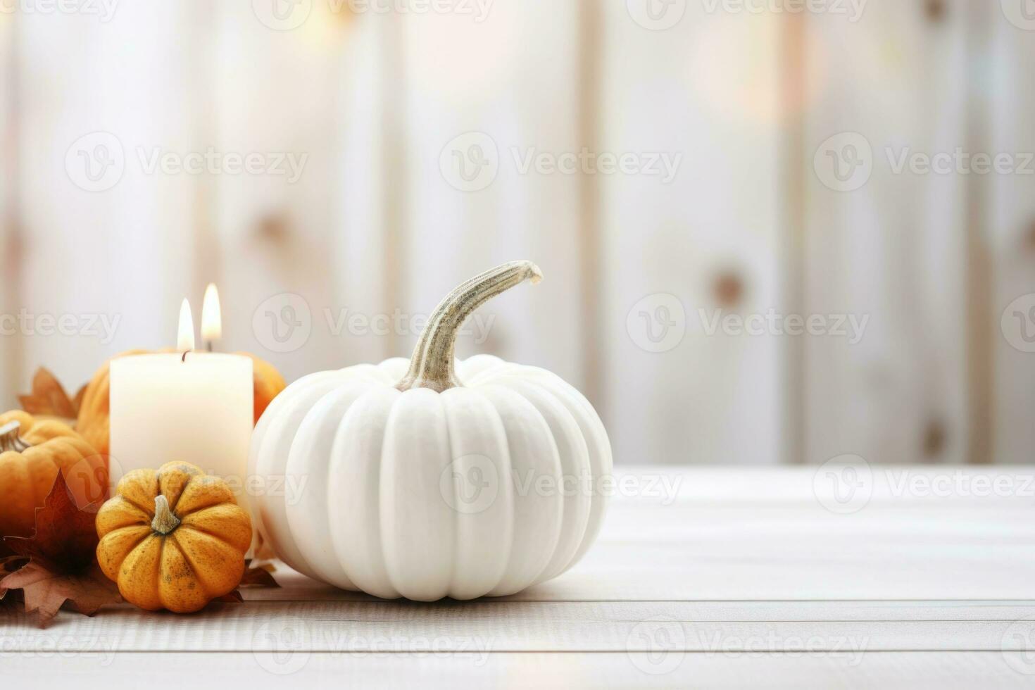 Ação de graças branco abóbora e vela decorações em uma branco pintado madeira mesa. dia das Bruxas, Ação de graças festa conceito. festivo outono Projeto. ai gerado foto