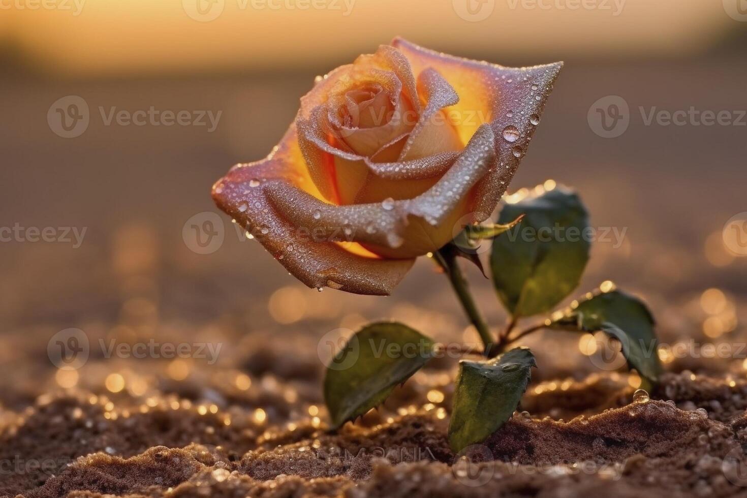 rosa com pingos de chuva crescendo dentro a deserto, criada com generativo ai foto