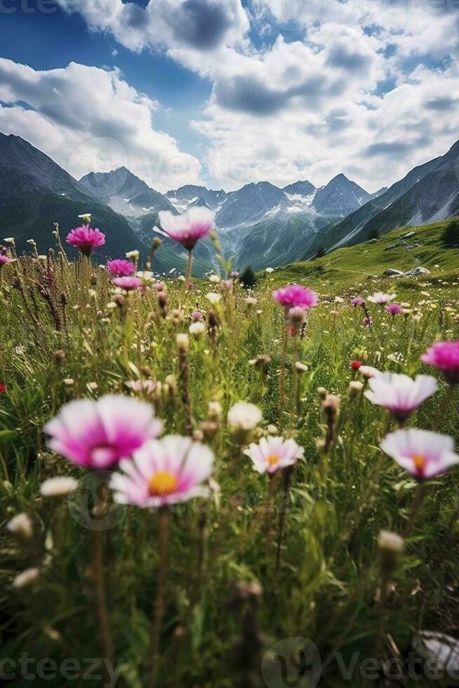 flores silvestres campo dentro a Alpes, criada com generativo ai foto