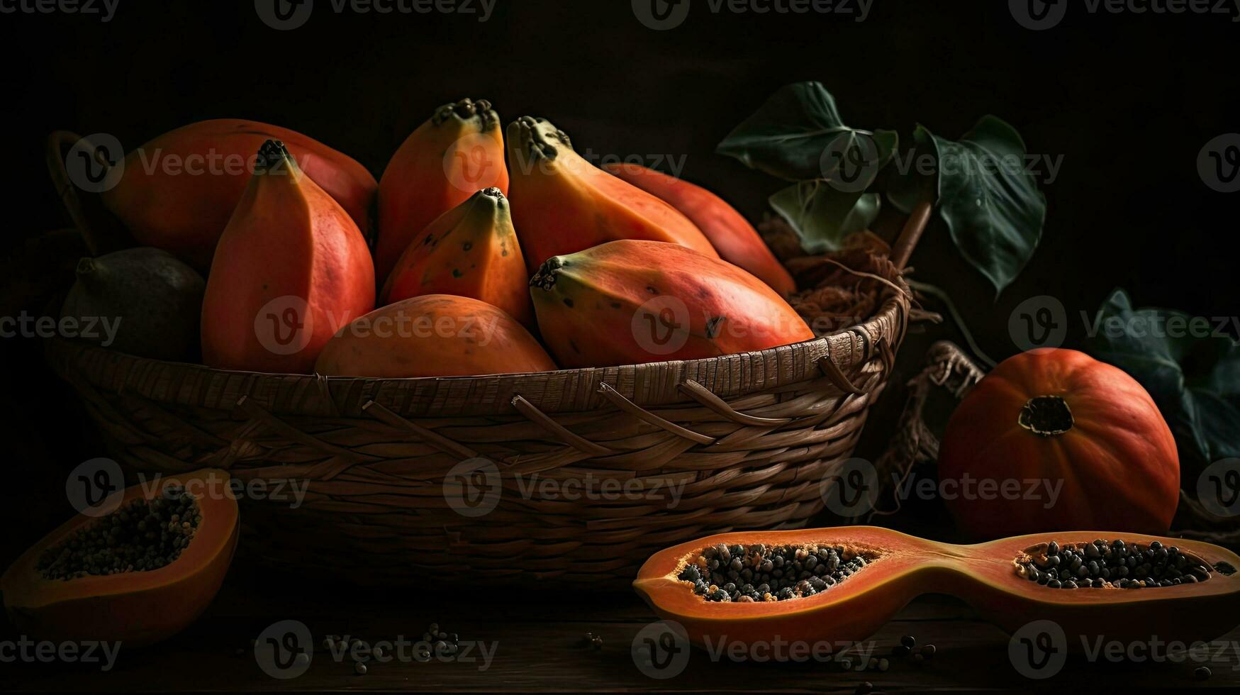 mamão frutas dentro uma bambu cesta com borrão fundo, ai generativo foto