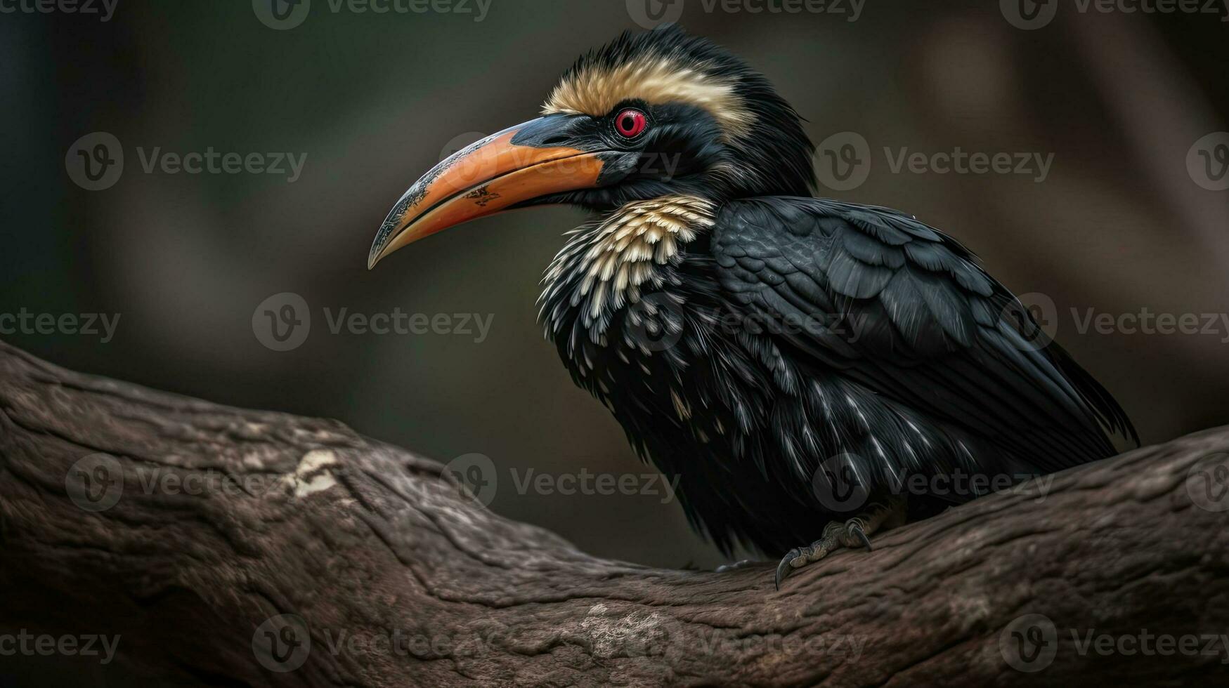 fechar acima calau pássaro com Preto asas em uma árvore com borrado fundo, ai generativo foto