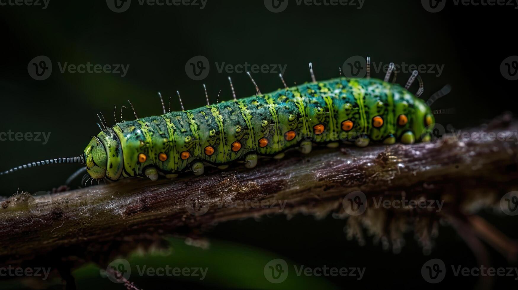 verde lagarta animal com perfeito anjo Visão e borrão fundo, ai generativo foto