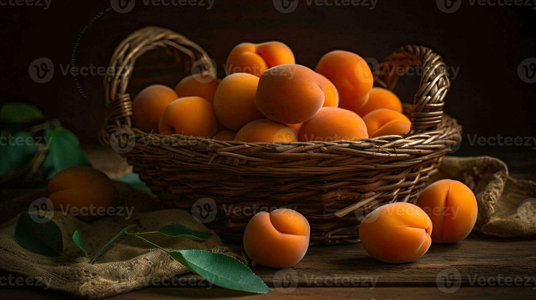 uma grupo do fresco laranja frutas Damasco dentro uma bambu cesta com borrão fundo, ai generativo foto