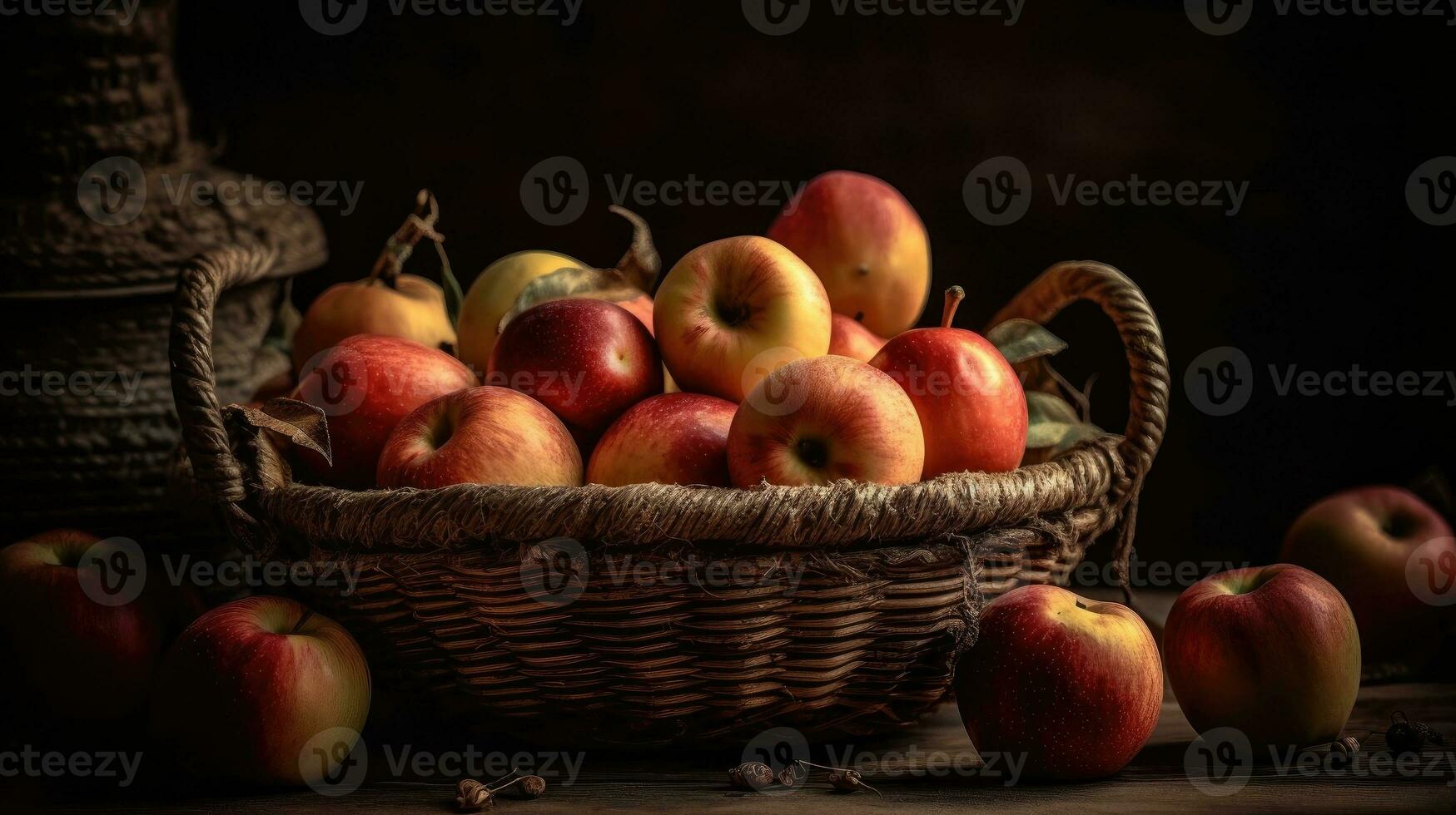 uma grupo do fresco maçãs dentro uma cesta com borrão fundo, ai generativo foto