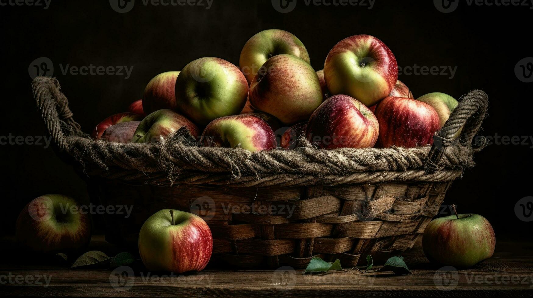 uma grupo do fresco maçãs dentro uma cesta com borrão fundo e Boa visualizar, ai generativo foto