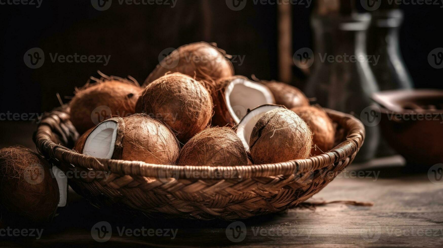 cocos frutas dentro uma bambu cesta com borrado fundo, ai generativo foto