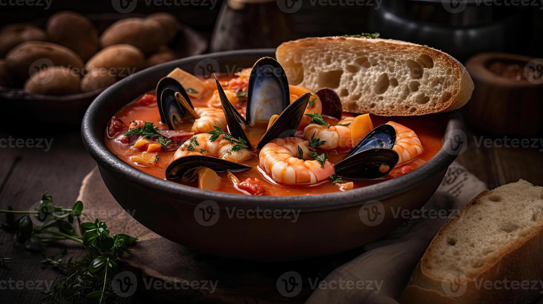 Cioppino sopa com molusco carne em uma Preto prato e borrão fundo, ai generativo foto