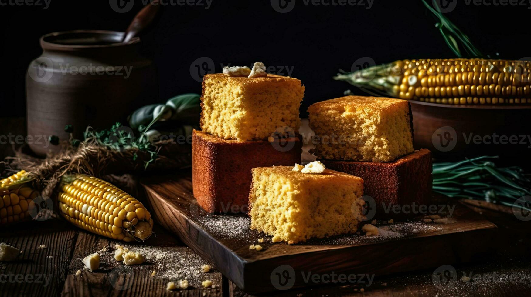 fechar-se fofo bolo pão de milho em madeira prato com borrado fundo, ai generativo foto