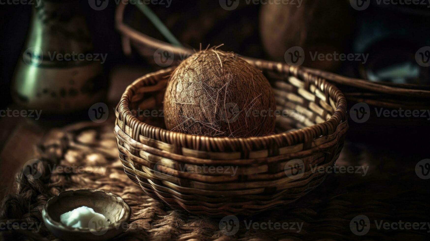 fechar-se cocos frutas dentro uma bambu cesta com borrado fundo, ai generativo foto