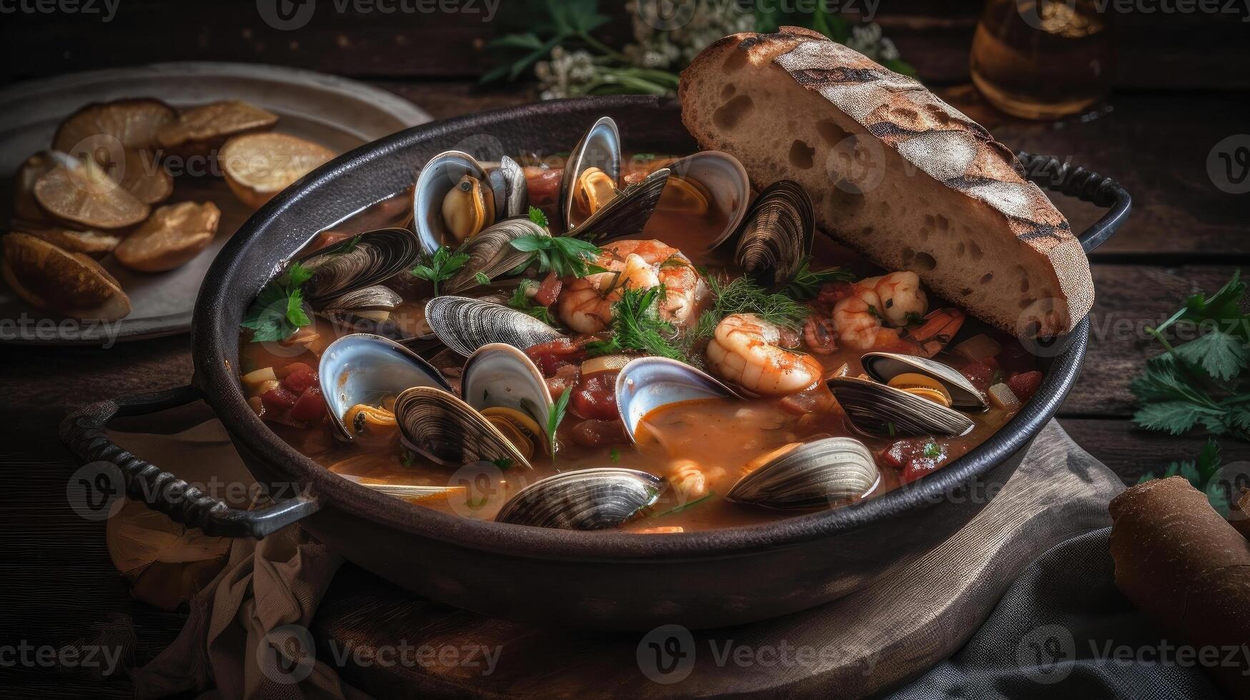 Cioppino sopa com molusco carne em uma Preto prato e borrão fundo, ai generativo foto