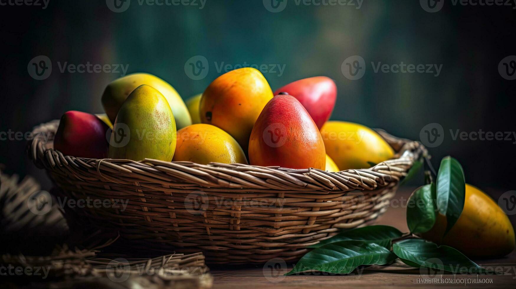 fechar-se fresco manga frutas dentro uma bambu cesta com borrado fundo, ai generativo foto