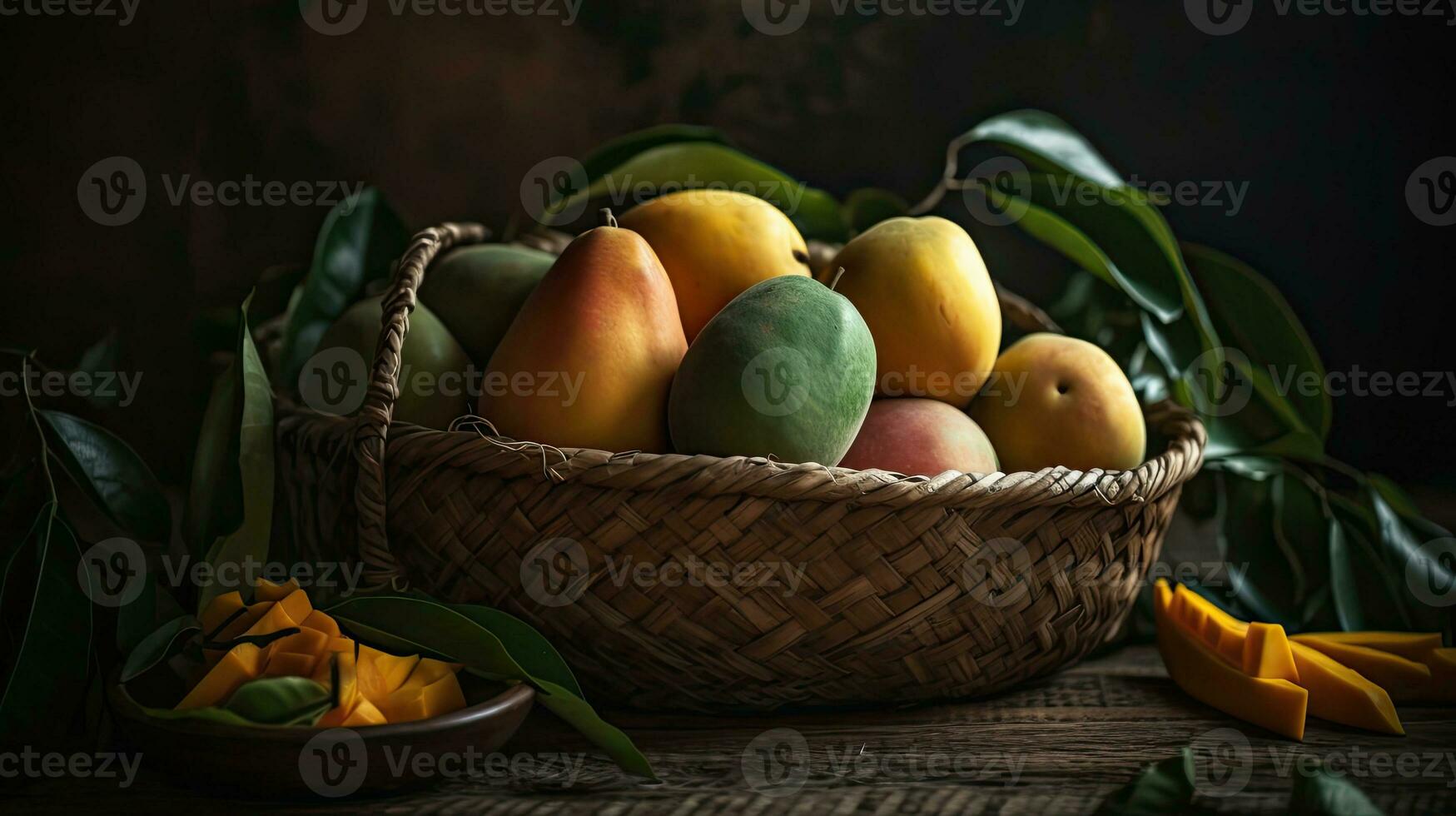 manga frutas dentro uma bambu cesta com borrado fundo, ai generativo foto