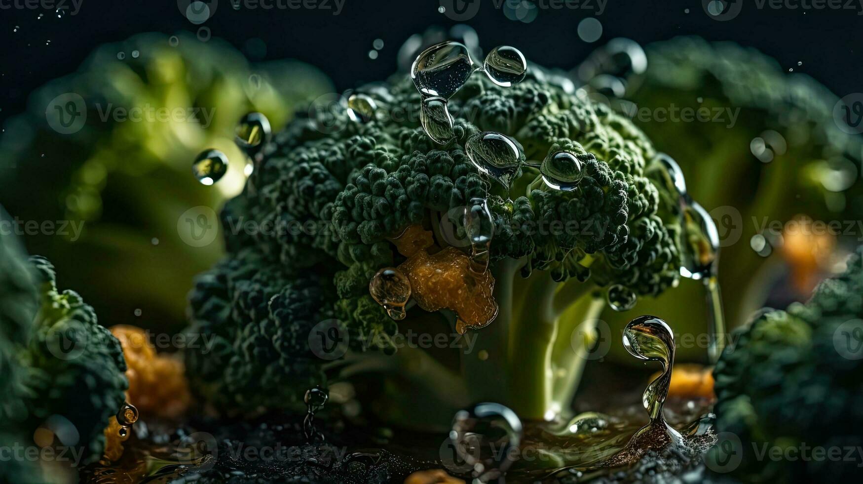 fechar acima verde brócolis bater de salpicos do água com Preto borrão fundo, ai generativo foto