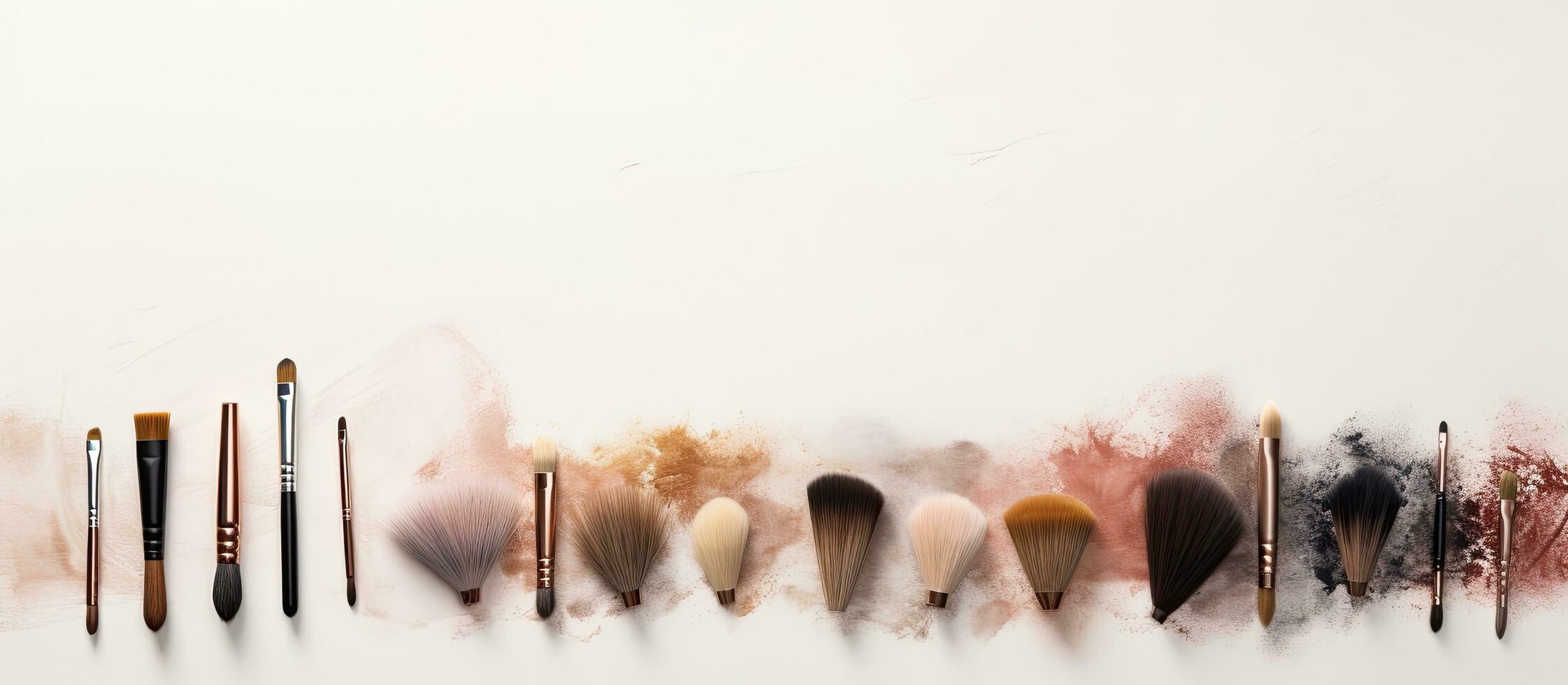foto do vários Maquiagem escovas arranjado em uma mesa com cópia de espaço