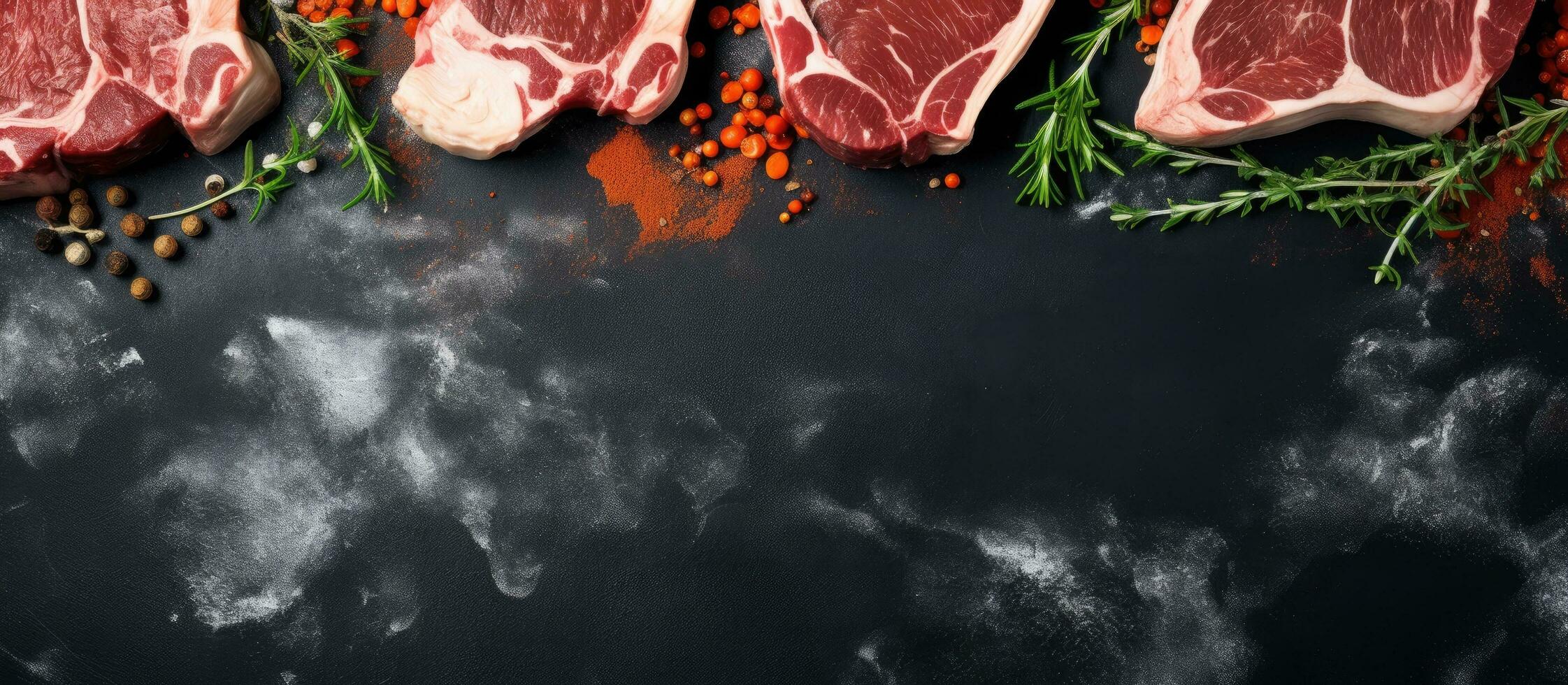 foto do cru carne com especiarias e ervas em uma Preto fundo com cópia de espaço