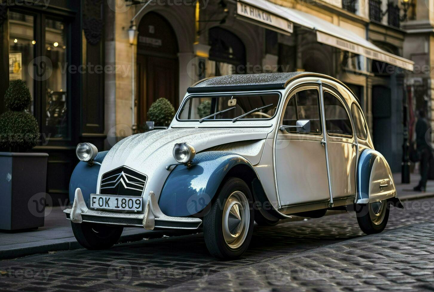 clássico azul Citroen carro parque dentro frente do a prédio, generativo ai foto