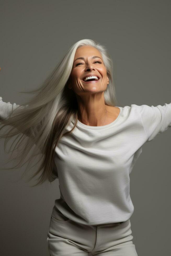 estúdio tiro do meia idade mulher dinâmico emocional gestos ai generativo foto