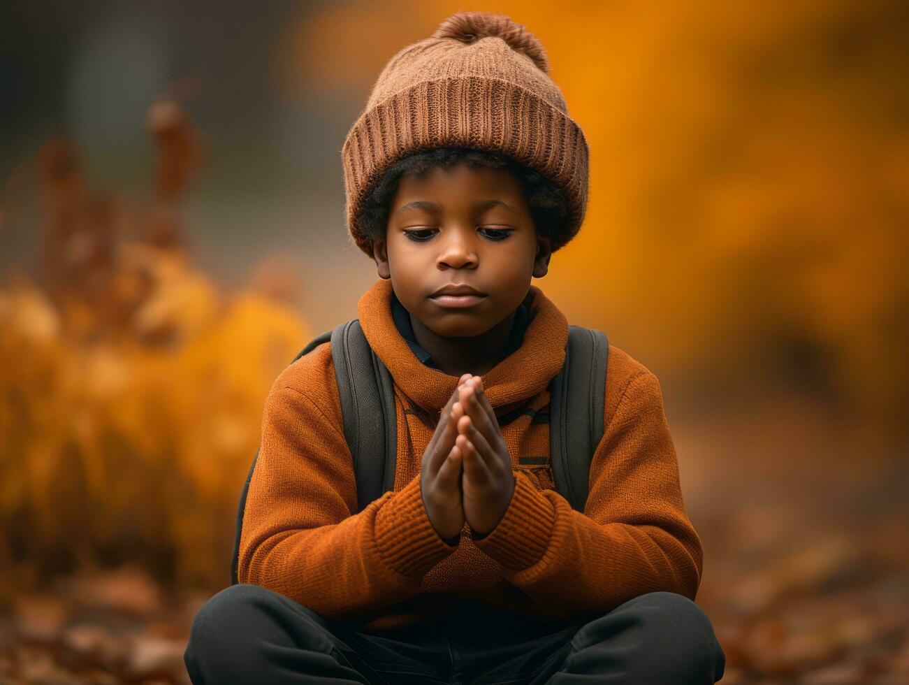 emocional dinâmico gestos africano criança dentro outono ai generativo foto