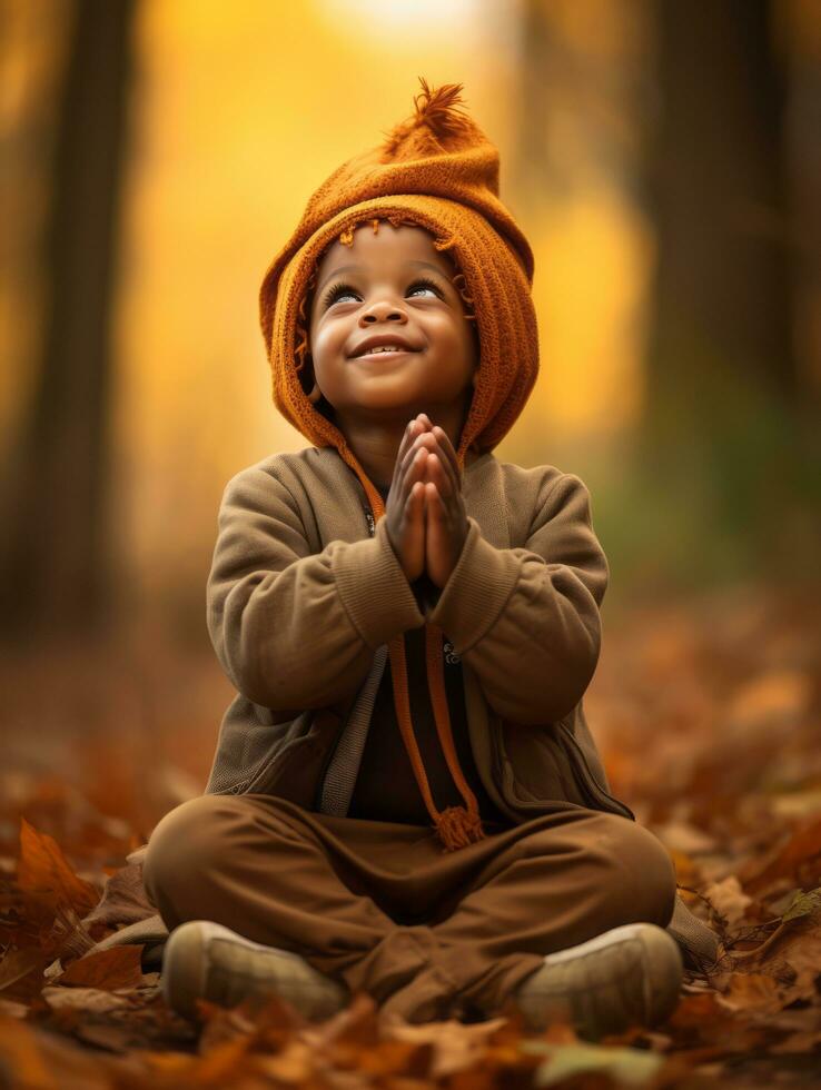 emocional dinâmico gestos africano criança dentro outono ai generativo foto