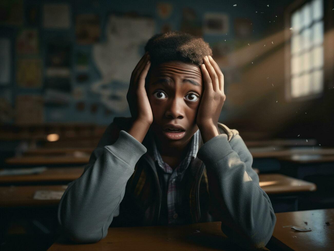 africano criança dentro emocional dinâmico pose dentro escola ai generativo foto