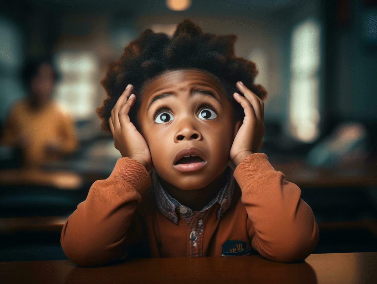 africano criança dentro emocional dinâmico pose dentro escola ai generativo foto