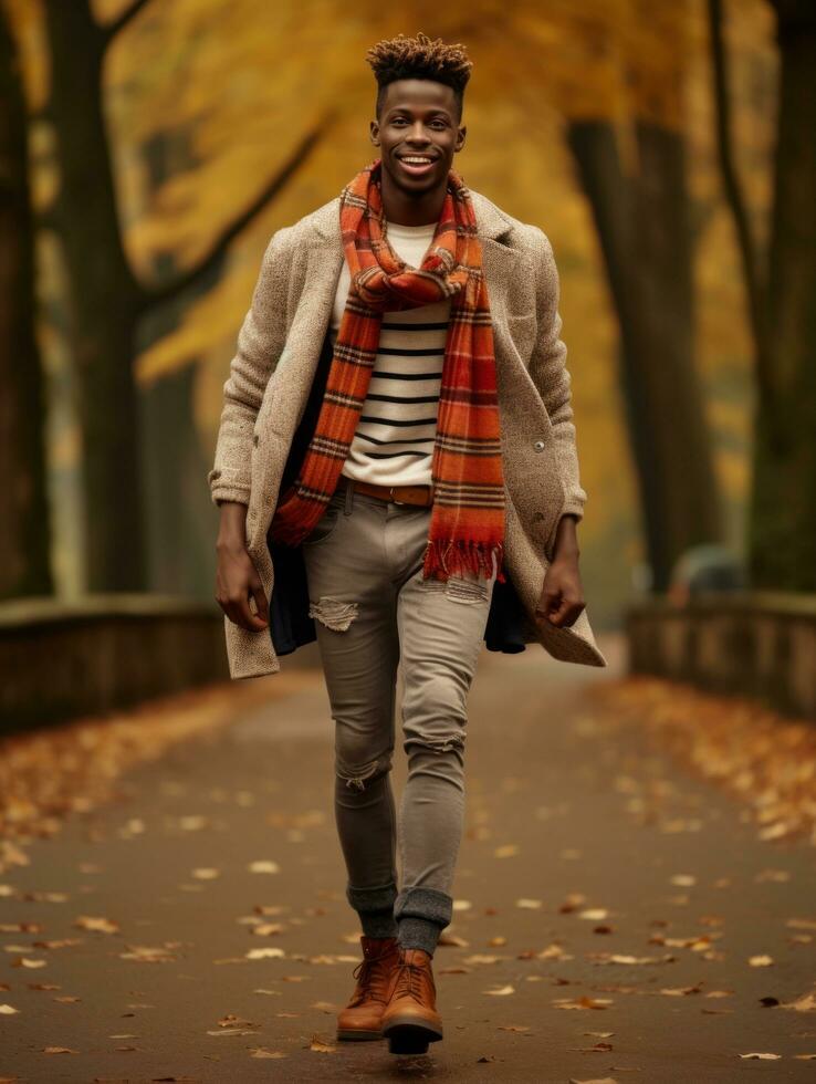 africano homem dentro emocional dinâmico pose em outono fundo ai generativo foto