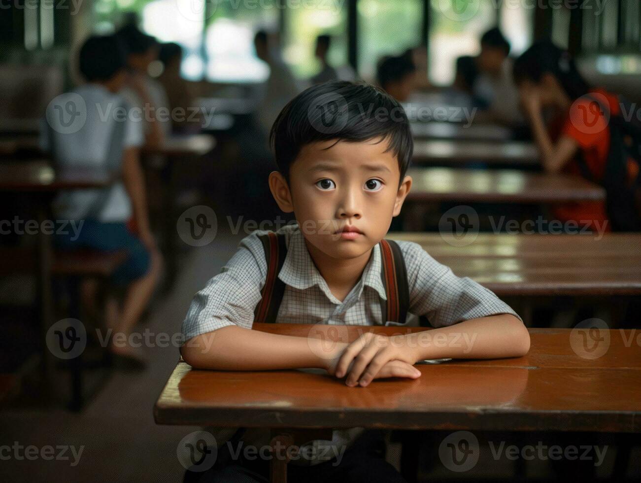 ásia criança dentro emocional dinâmico pose dentro escola ai generativo foto