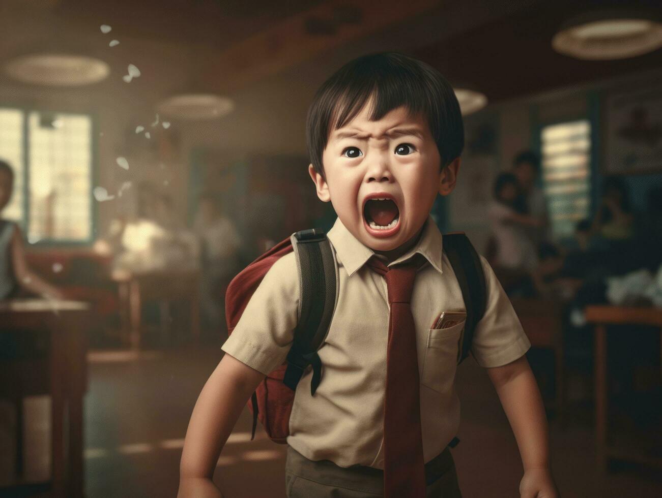 ásia criança dentro emocional dinâmico pose dentro escola ai generativo foto