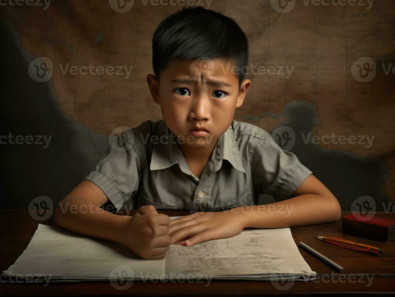 ásia criança dentro emocional dinâmico pose dentro escola ai generativo foto