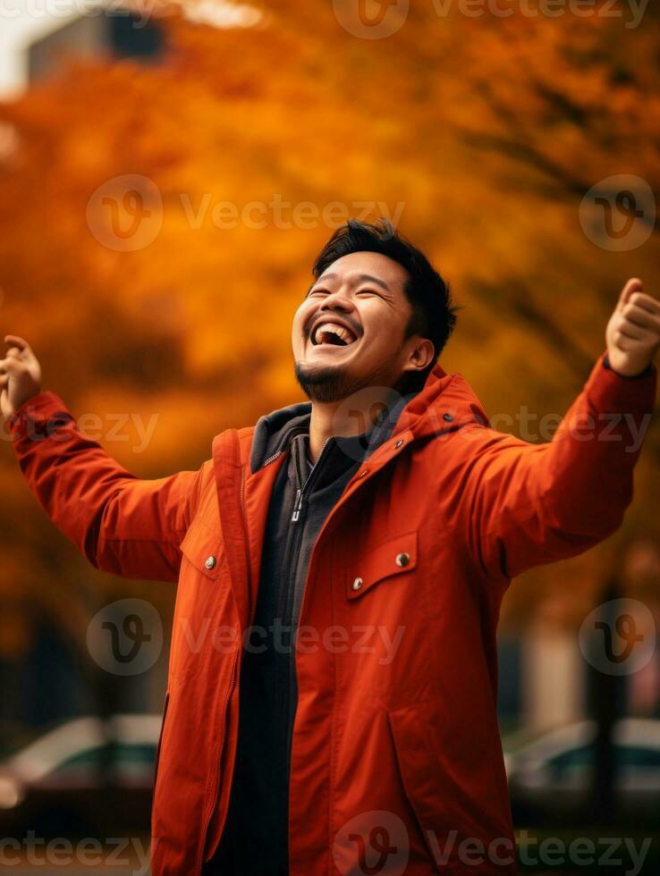 foto do emocional dinâmico pose ásia homem dentro outono ai generativo