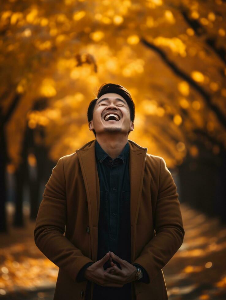 foto do emocional dinâmico pose ásia homem dentro outono ai generativo