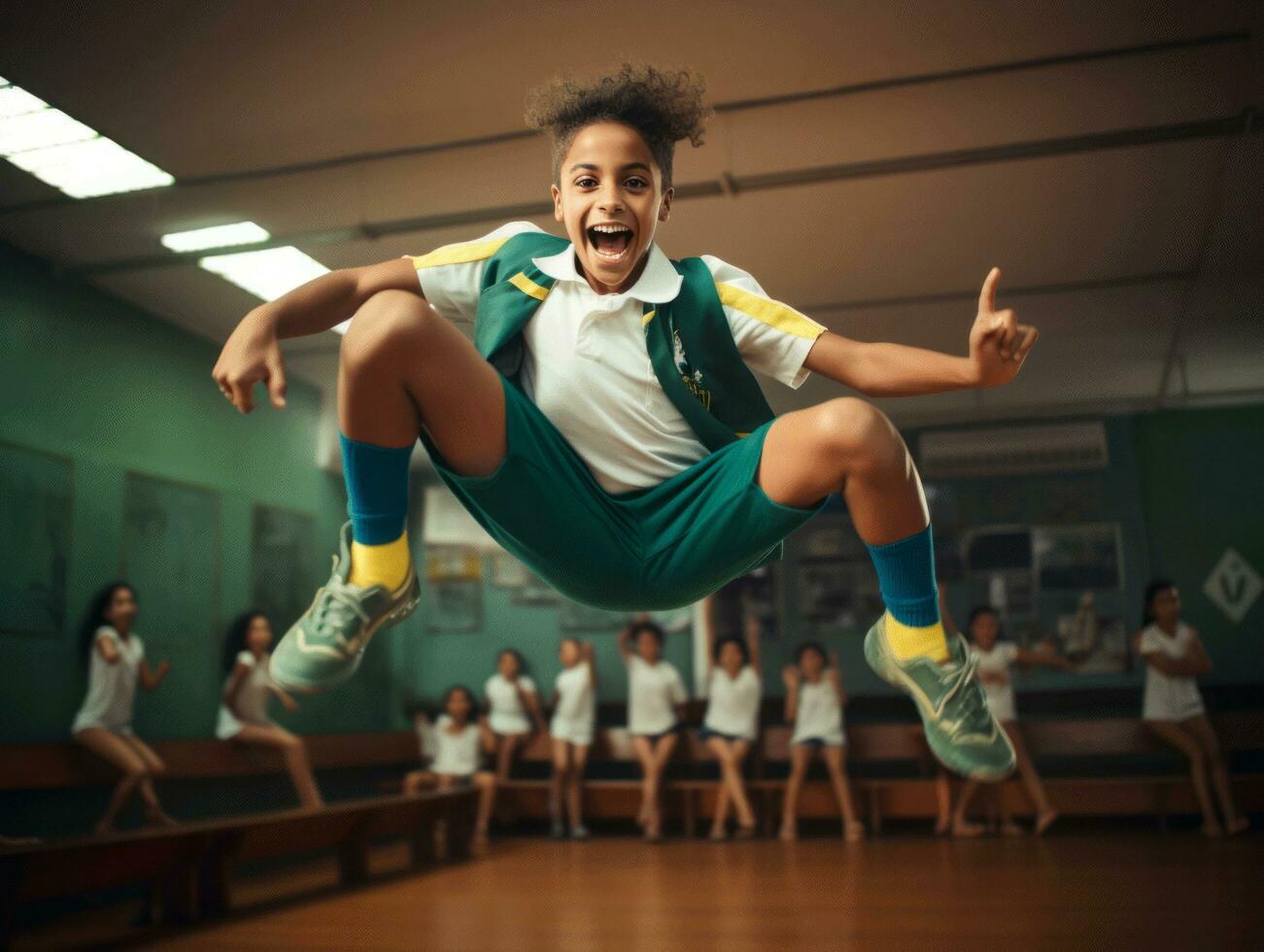 foto do emocional dinâmico pose brasileira criança dentro escola ai generativo