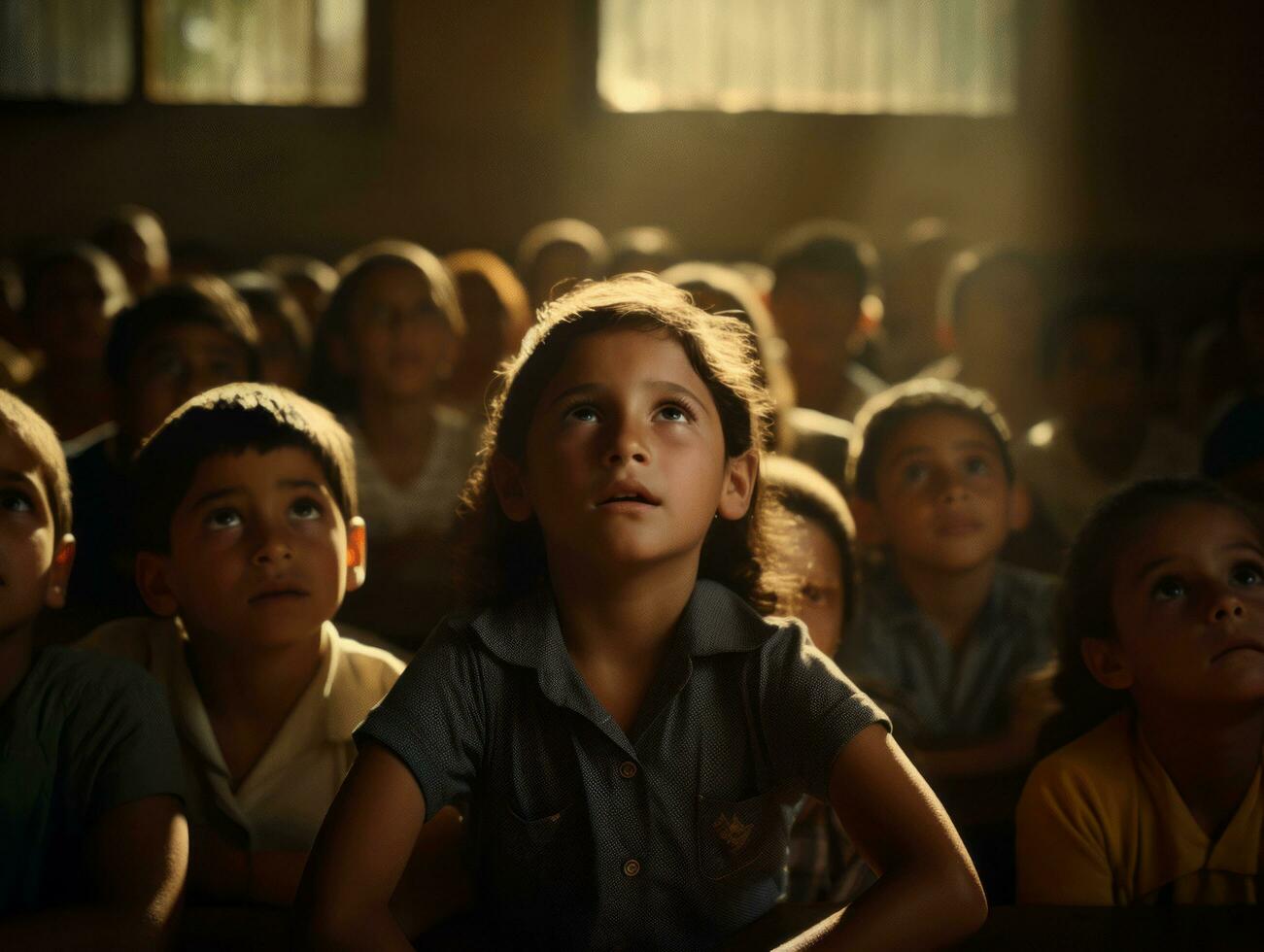 foto do emocional dinâmico pose brasileira criança dentro escola ai generativo