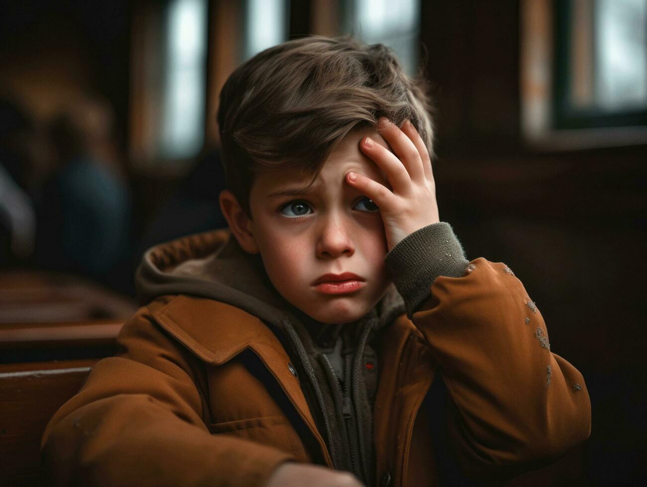 foto do emocional dinâmico pose europeu criança dentro escola ai generativo