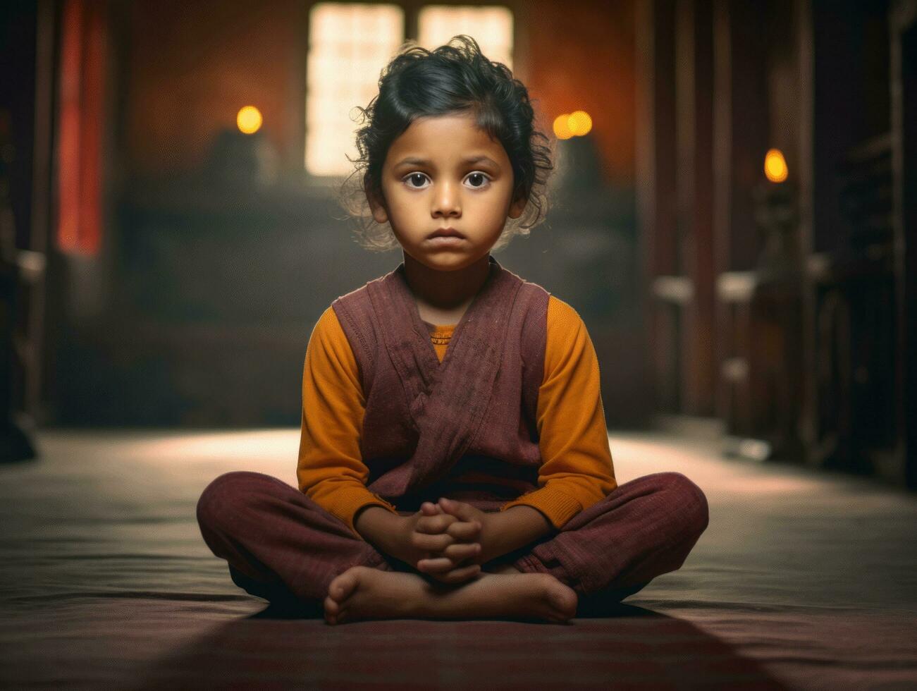 foto do emocional dinâmico pose indiano criança dentro escola ai generativo