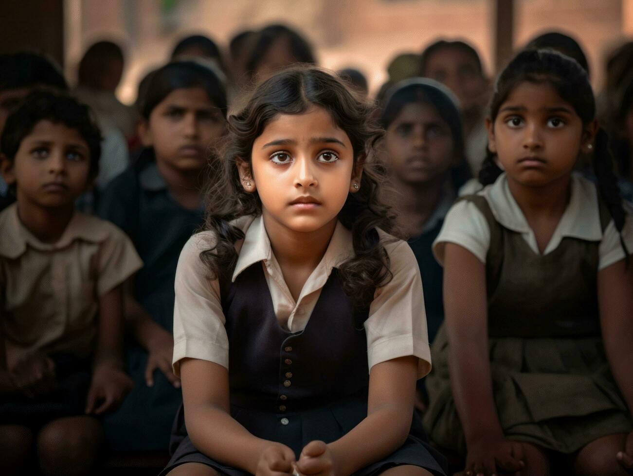 foto do emocional dinâmico pose indiano criança dentro escola ai generativo