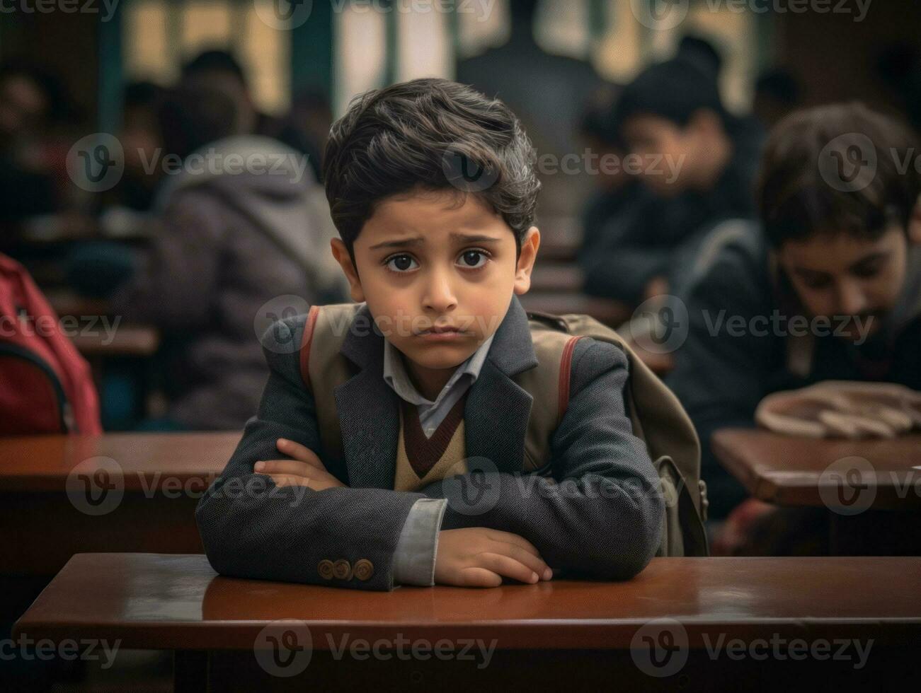 foto do emocional dinâmico pose indiano criança dentro escola ai generativo