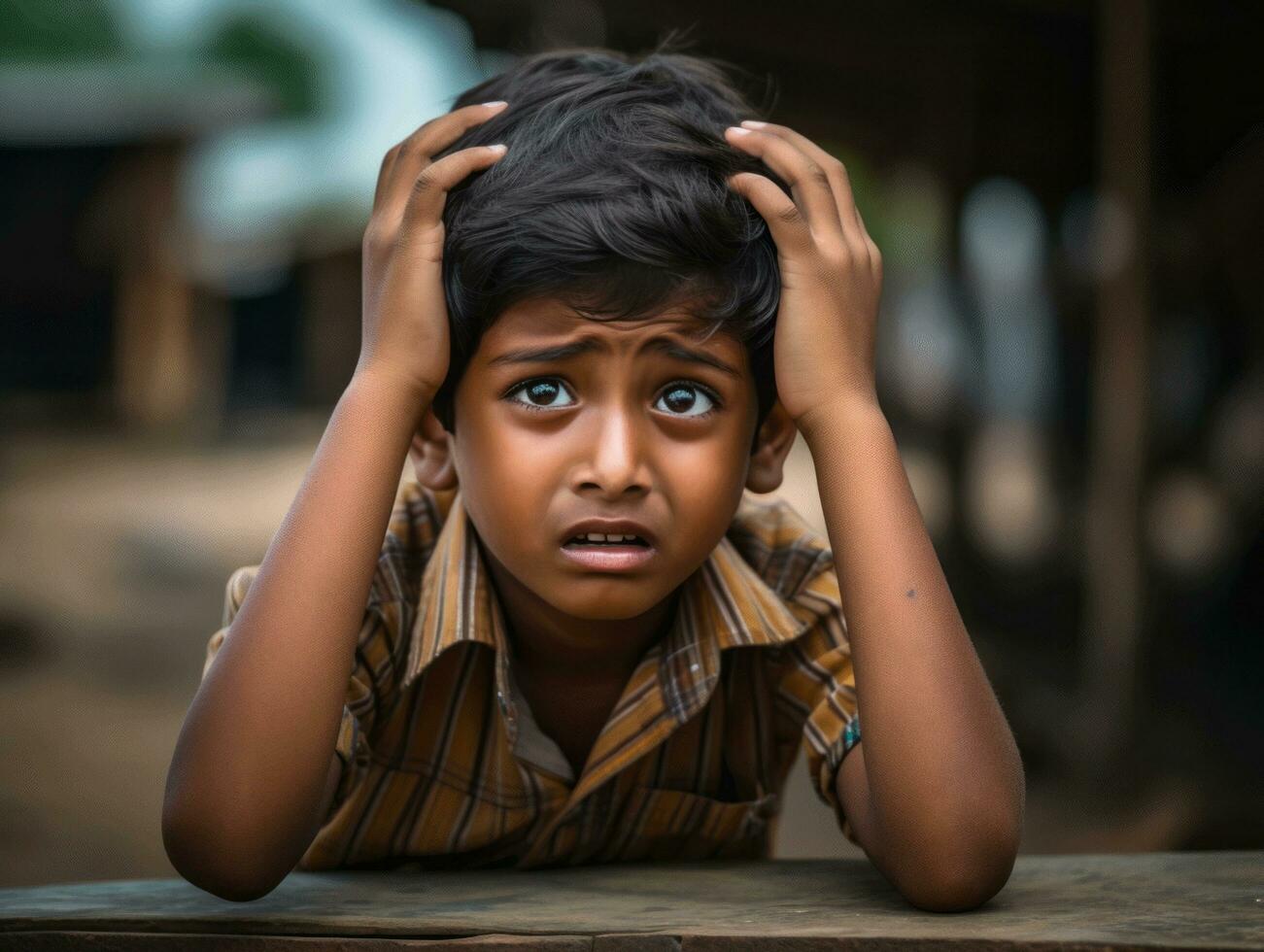 foto do emocional dinâmico pose indiano criança dentro escola ai generativo