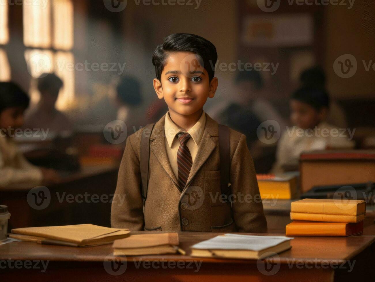 foto do emocional dinâmico pose indiano criança dentro escola ai generativo