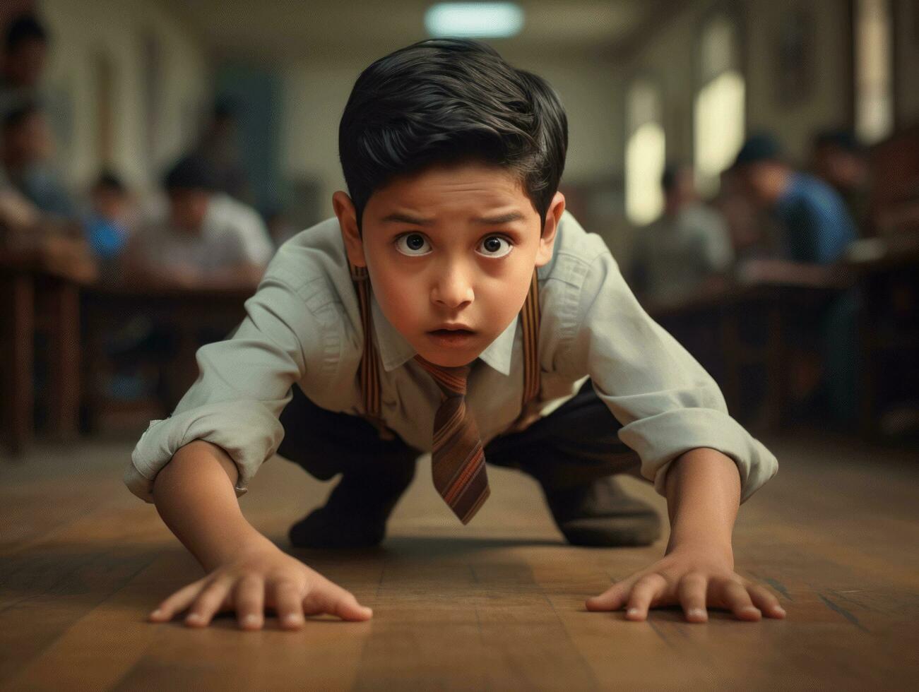 foto do emocional dinâmico pose indiano criança dentro escola ai generativo