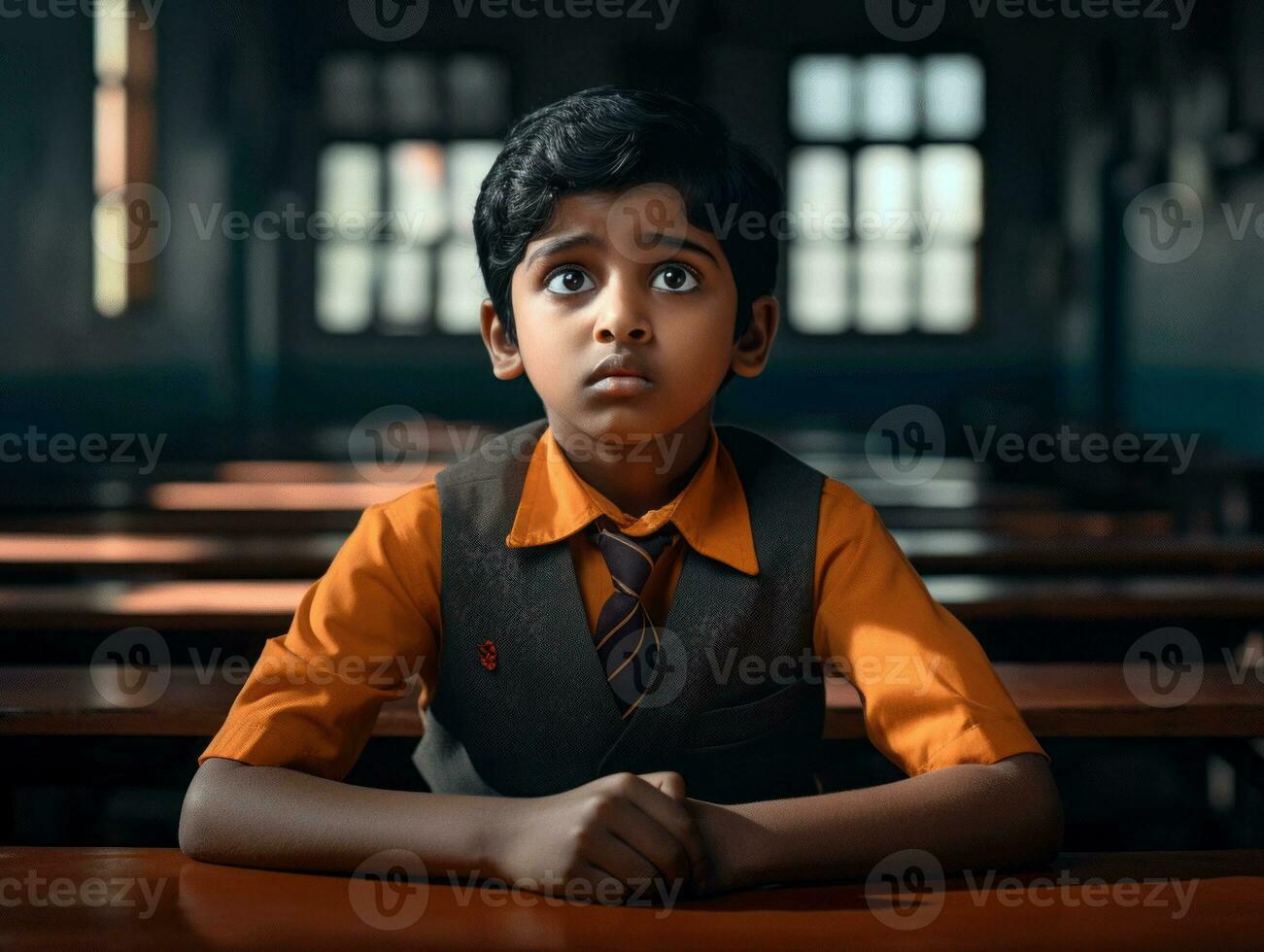 foto do emocional dinâmico pose indiano criança dentro escola ai generativo