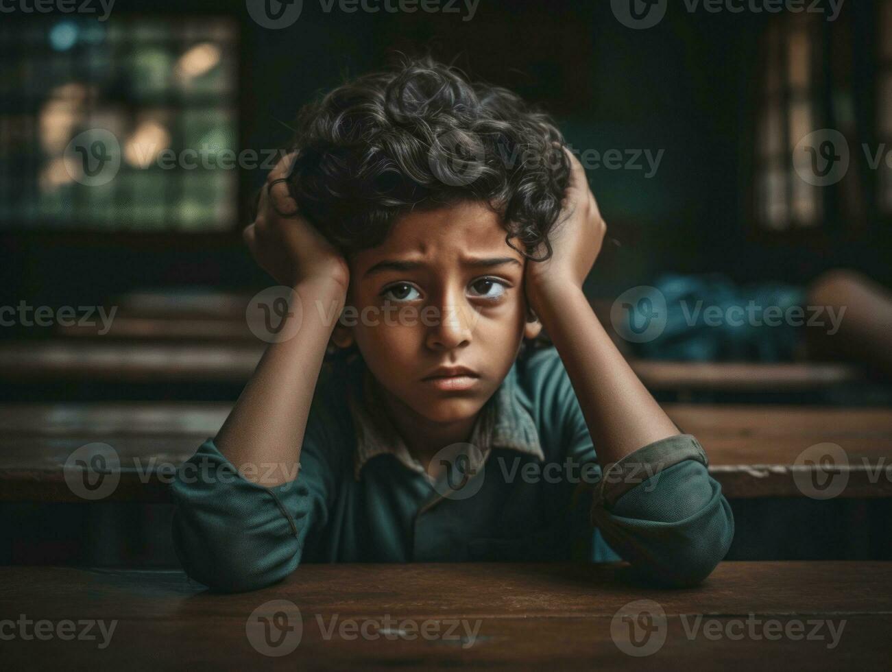 foto do emocional dinâmico pose indiano criança dentro escola ai generativo