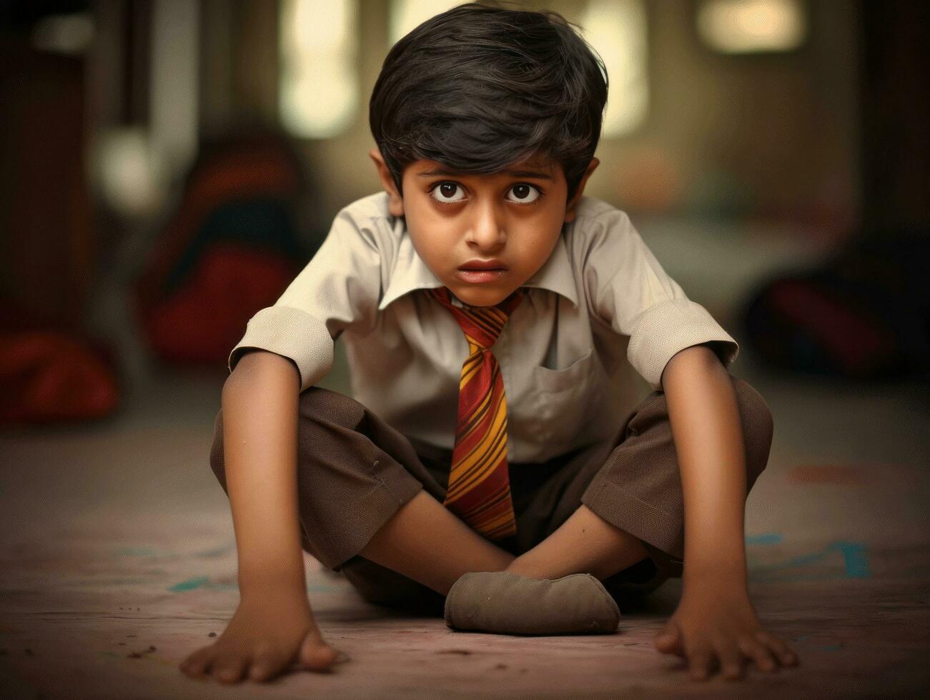 foto do emocional dinâmico pose indiano criança dentro escola ai generativo