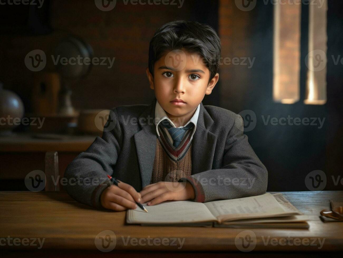 foto do emocional dinâmico pose indiano criança dentro escola ai generativo